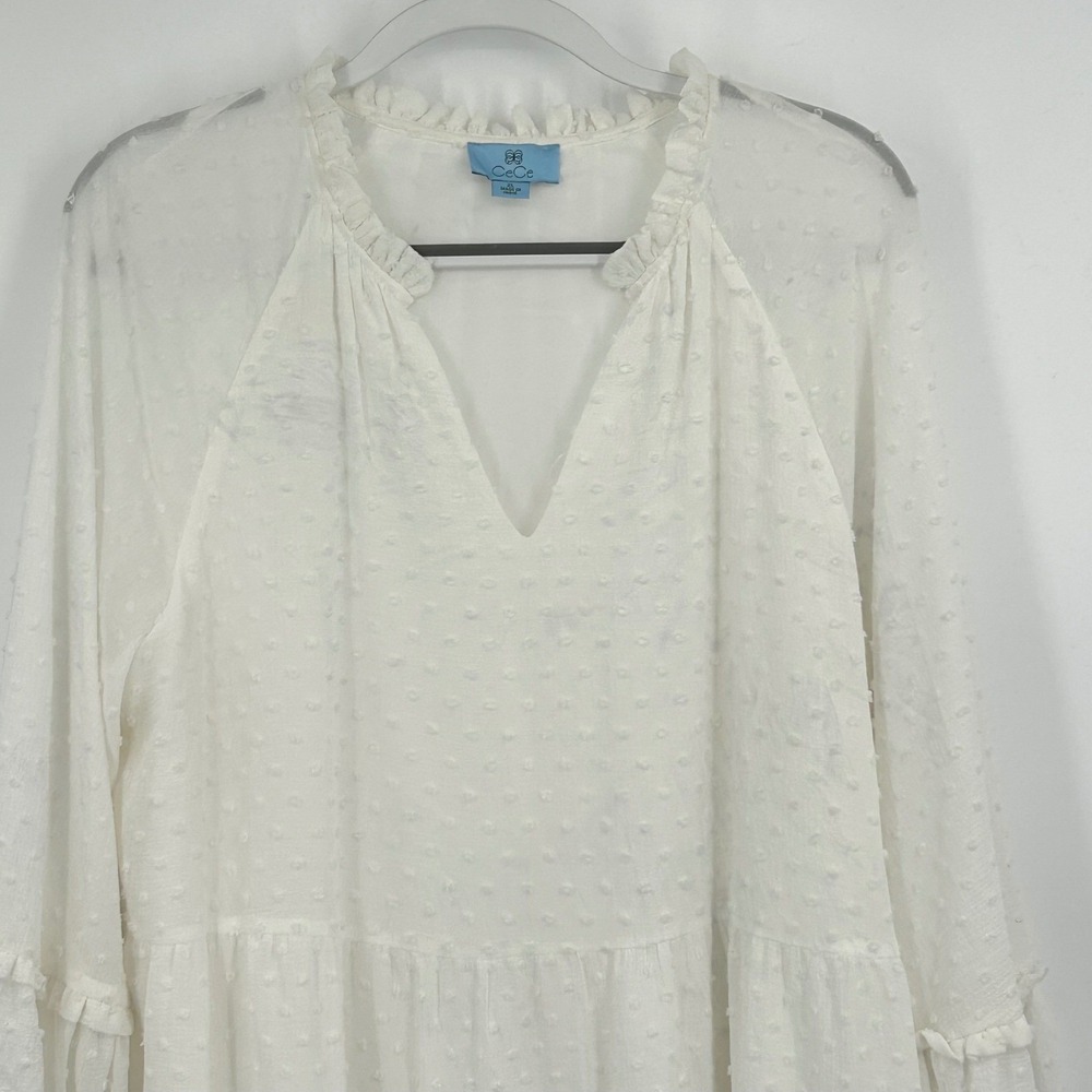 Womens Boho Tiered Mini Dress White Swiss Dot Ruffle Neck XL CeCe - Picture 6 of 10